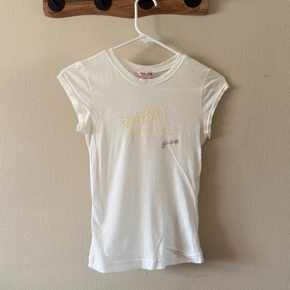 Vintage Guess Y2K White Sheer 100% Cotton Rhinestone Cap Sleeve Baby Tee Size S